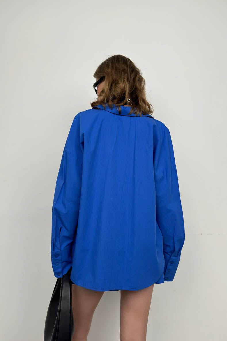 Oversize Shirt Ruched Sax Blue Shorts Set