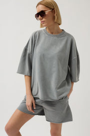 Oversized Laser Cut Crew Neck Gray T-Shirt
