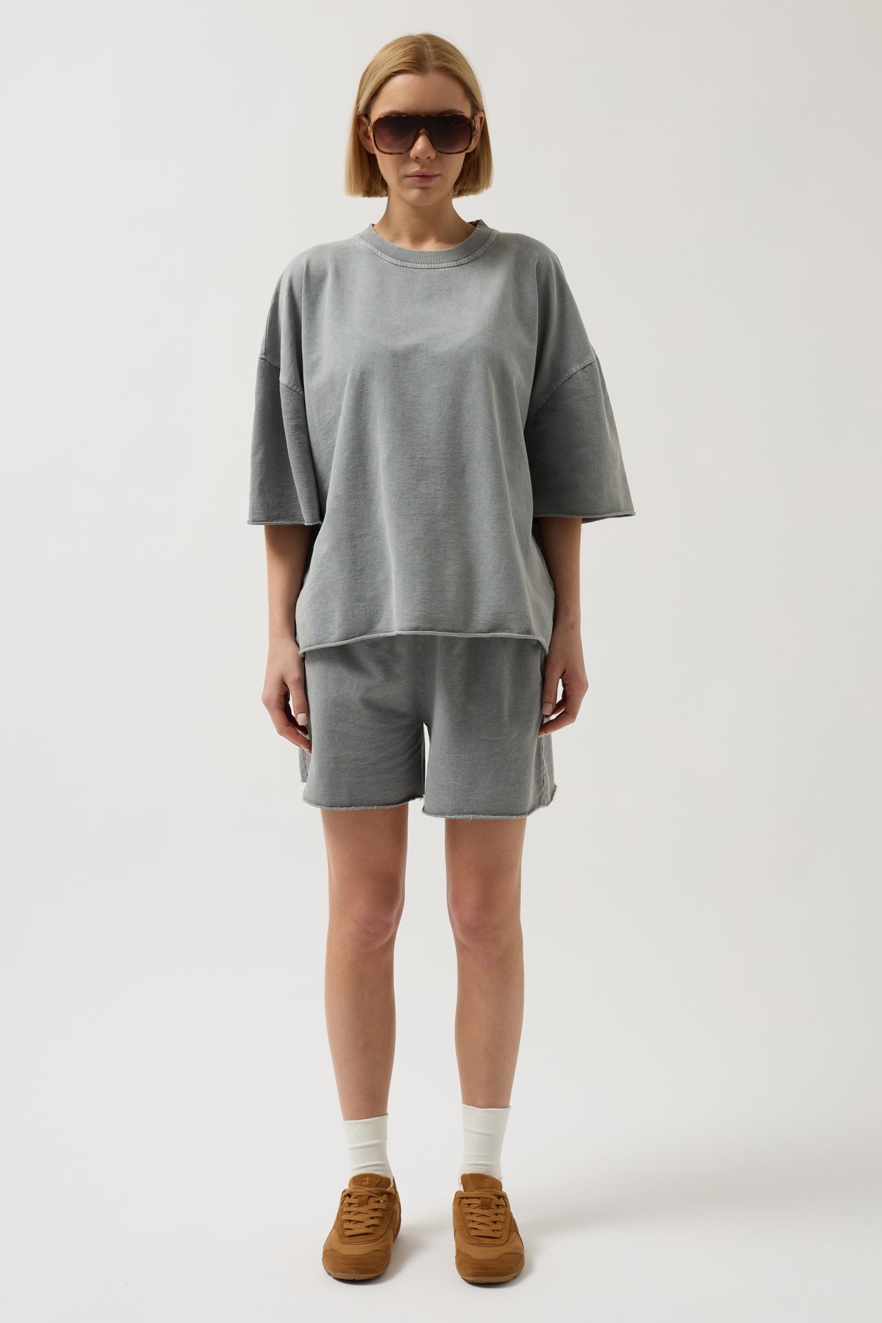 Oversize Laser Cut Crew Neck Gray T-Shirt