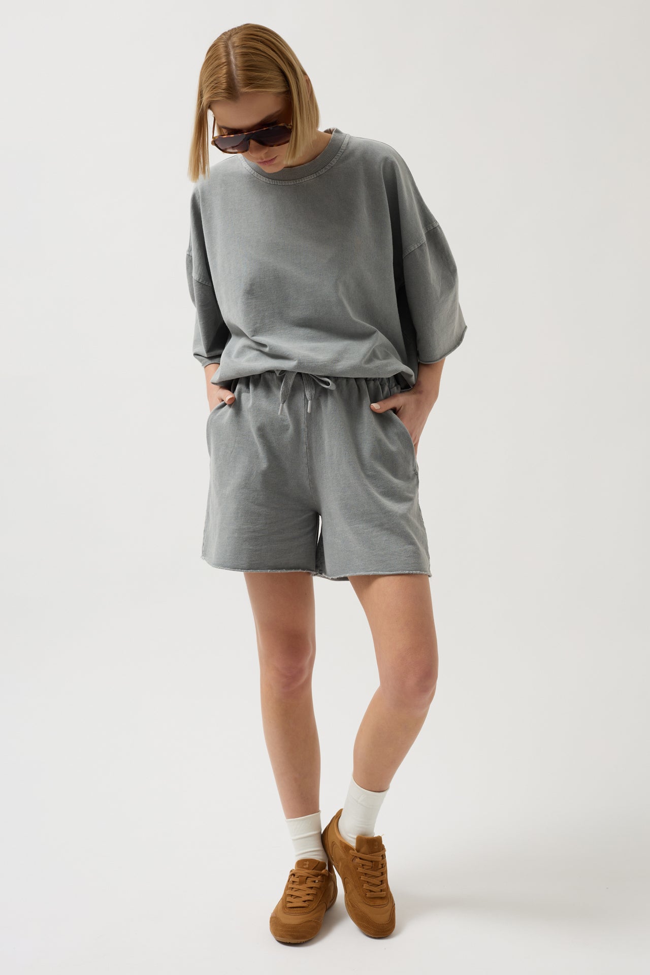 Oversize Laser Cut Crew Neck Gray T-Shirt