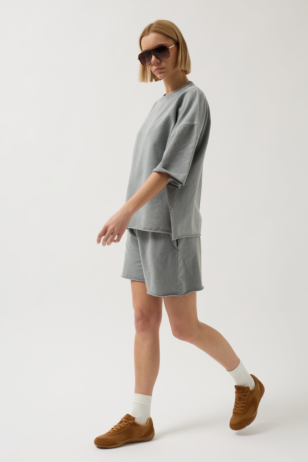 Oversize Laser Cut Crew Neck Gray T-Shirt