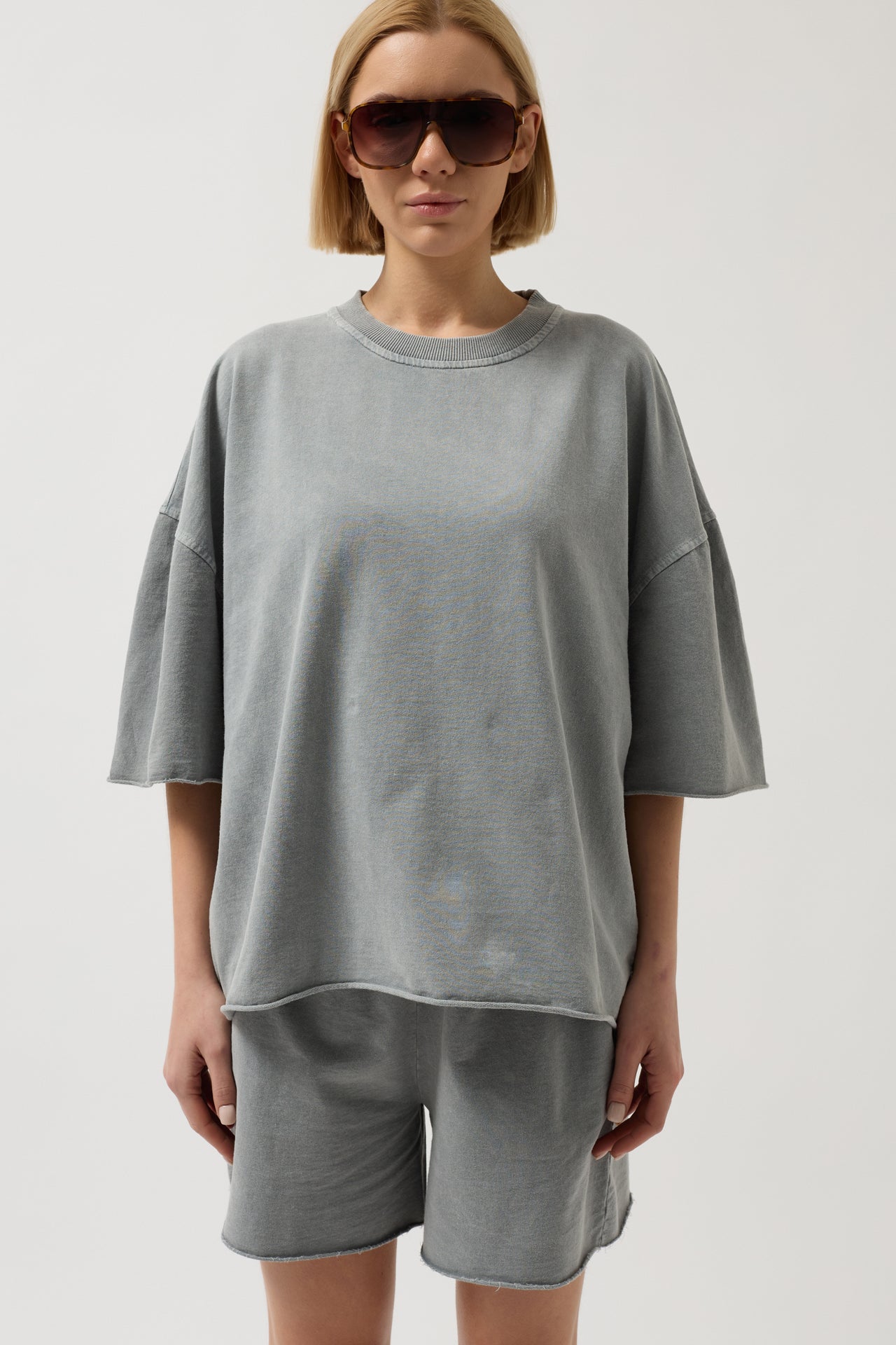Oversize Laser Cut Crew Neck Gray T-Shirt