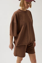Oversized Laser Cut Crew Neck Brown T-Shirt