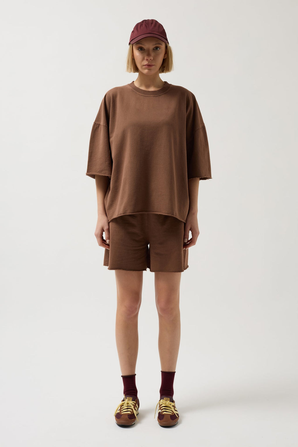 Oversize Laser Cut Crew Neck Brown T-Shirt