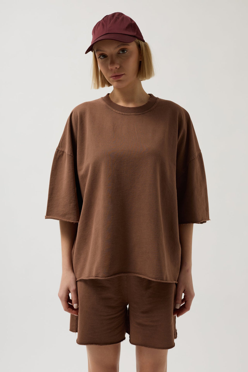 Oversize Laser Cut Crew Neck Brown T-Shirt