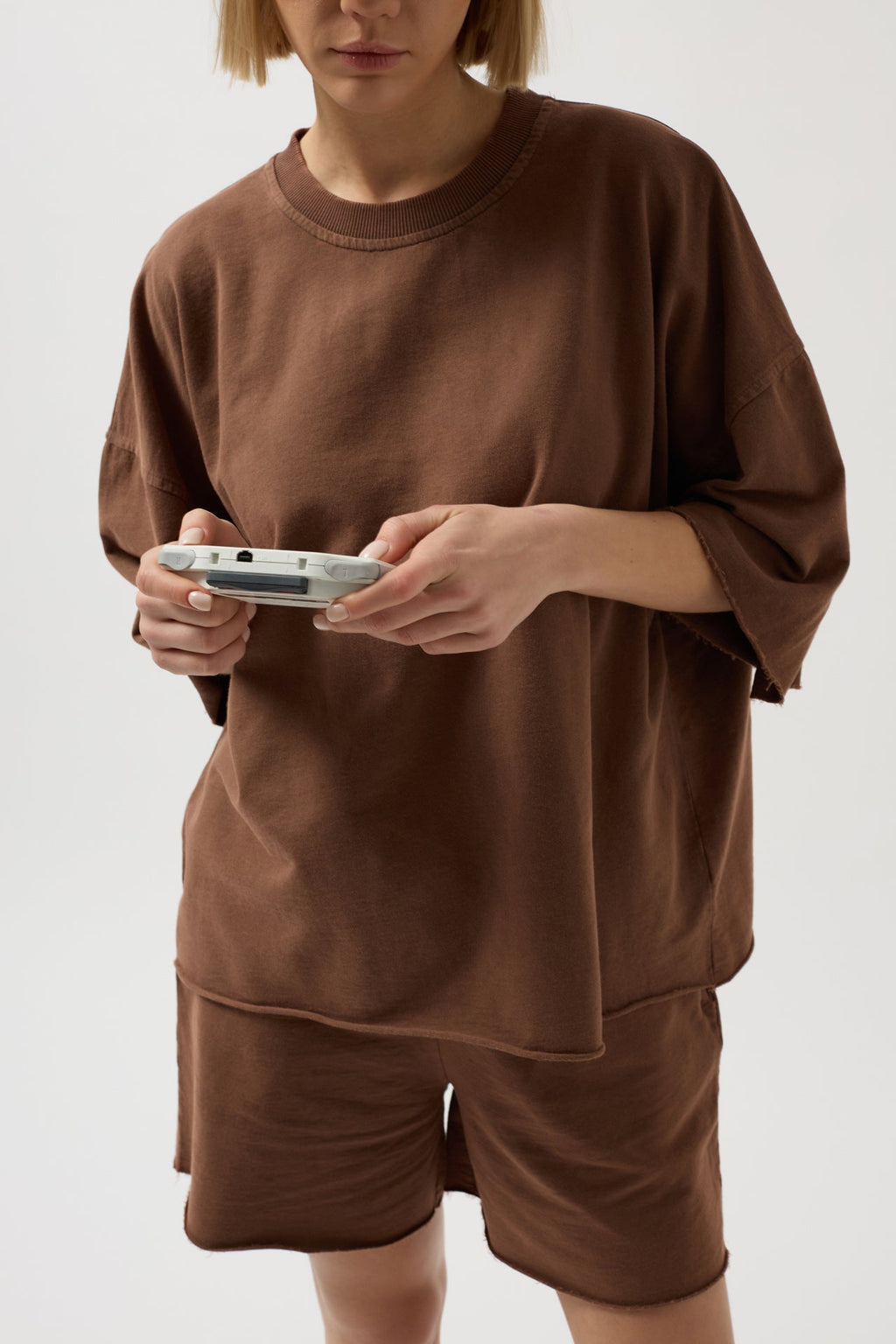 Oversize Laser Cut Crew Neck Brown T-Shirt