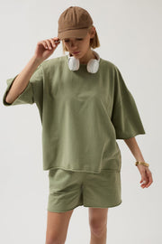Oversized Laser Cut Crew Neck Khaki T-Shirt