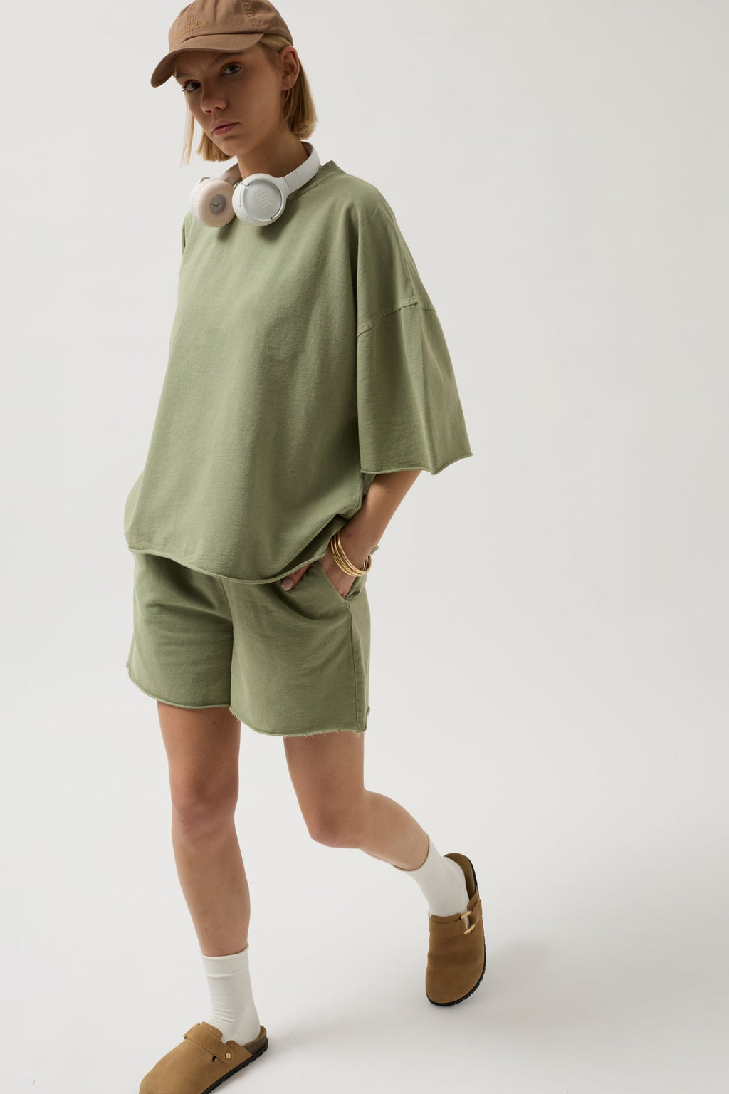 Oversize Laser Cut Crew Neck Khaki T-Shirt