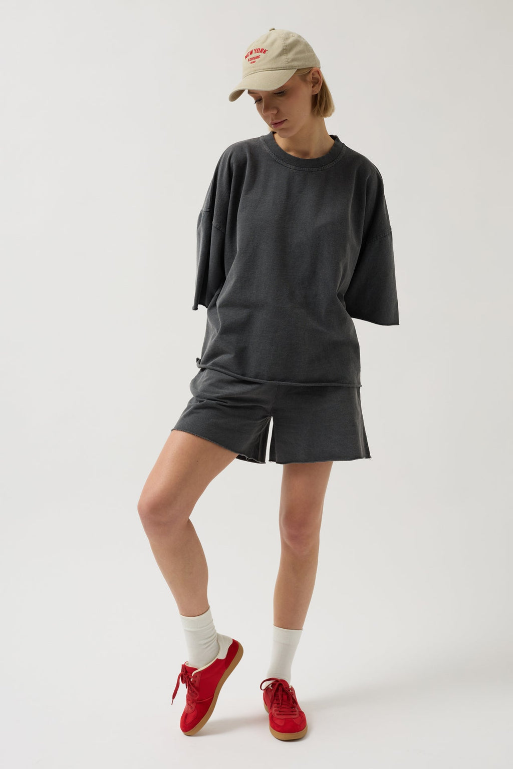 Oversize Laser Cut Crew Neck Anthracite T-Shirt