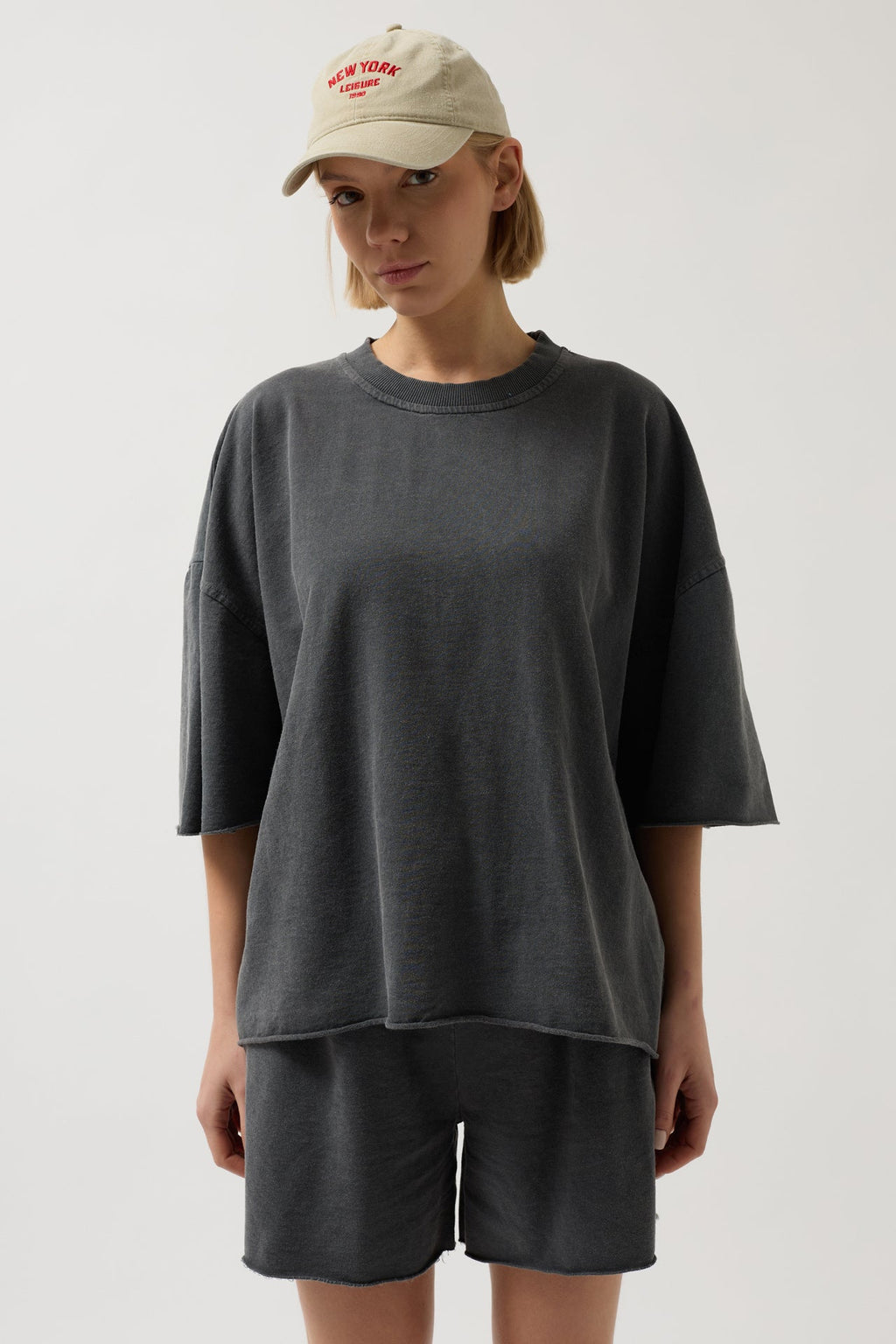 Oversize Laser Cut Crew Neck Anthracite T-Shirt