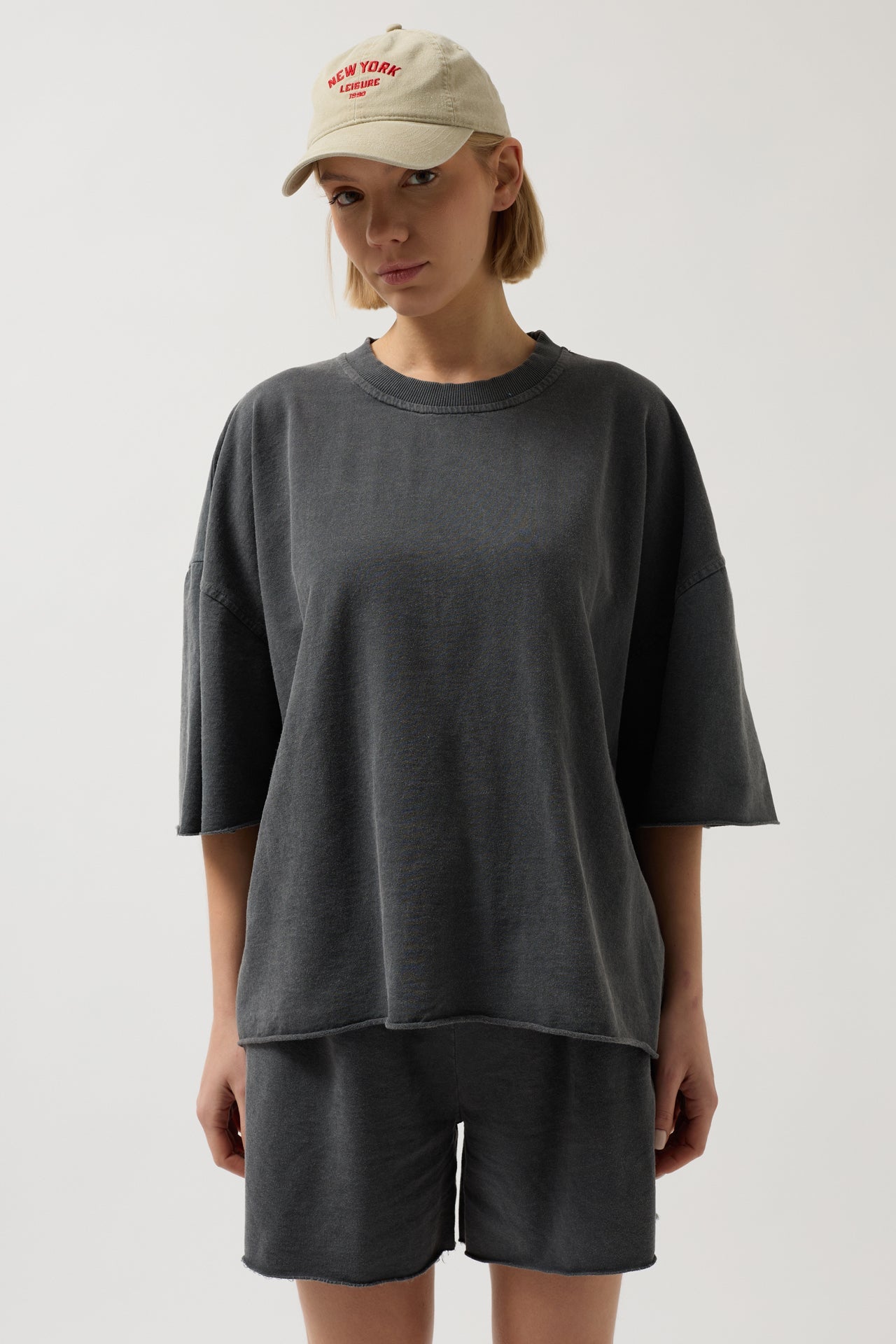 Oversize Laser Cut Crew Neck Anthracite T-Shirt