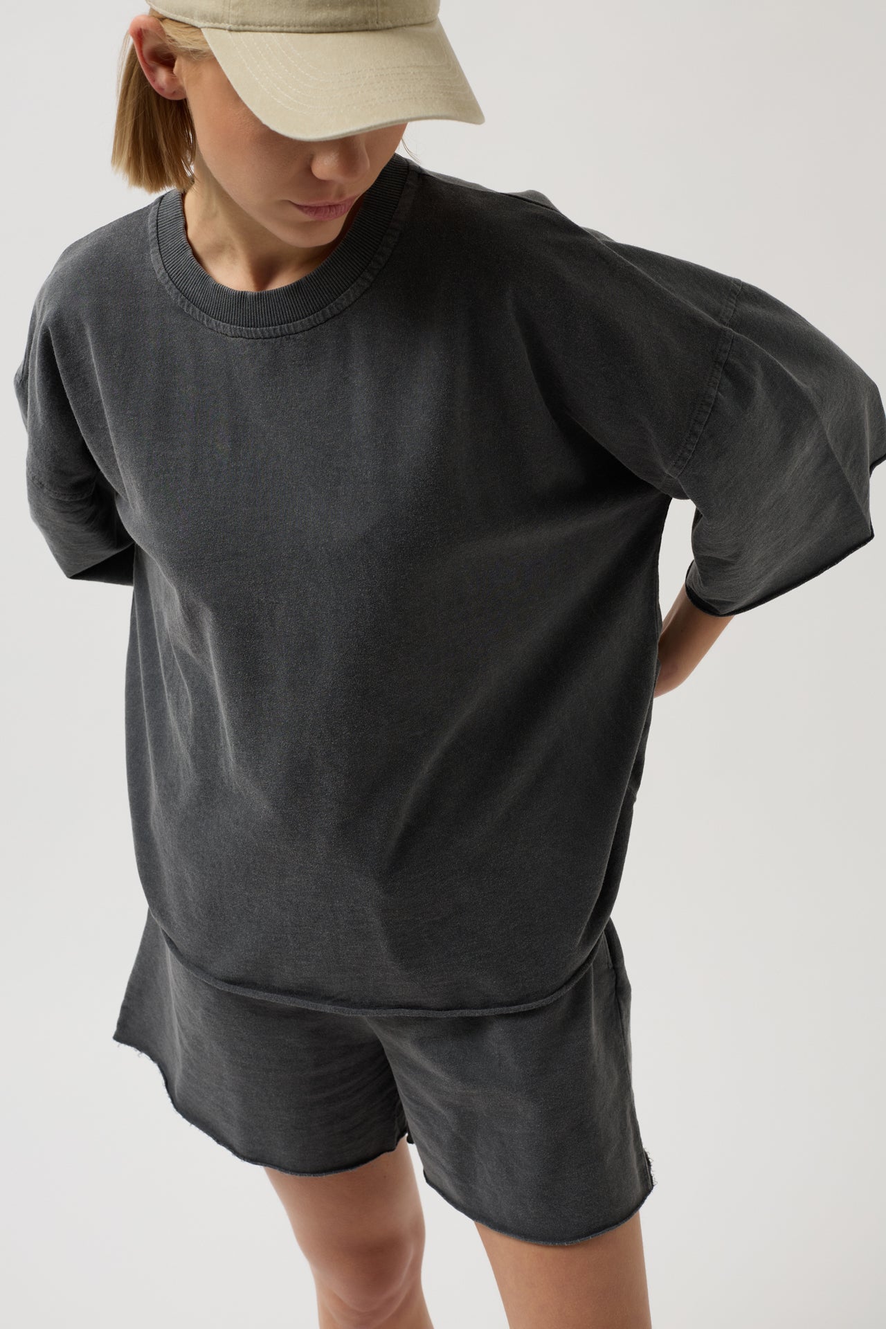 Oversize Laser Cut Crew Neck Anthracite T-Shirt
