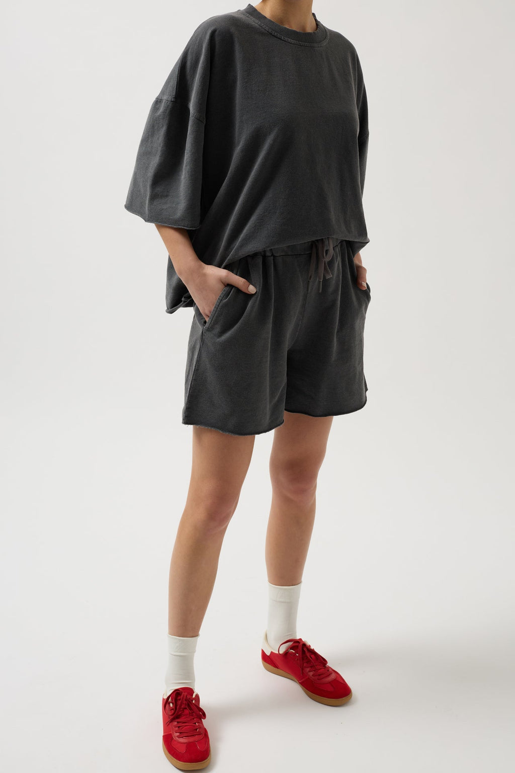 Oversize Laser Cut Crew Neck Anthracite T-Shirt