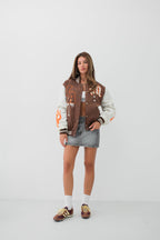 Oversize Embroidered Brown Varsity Jacket