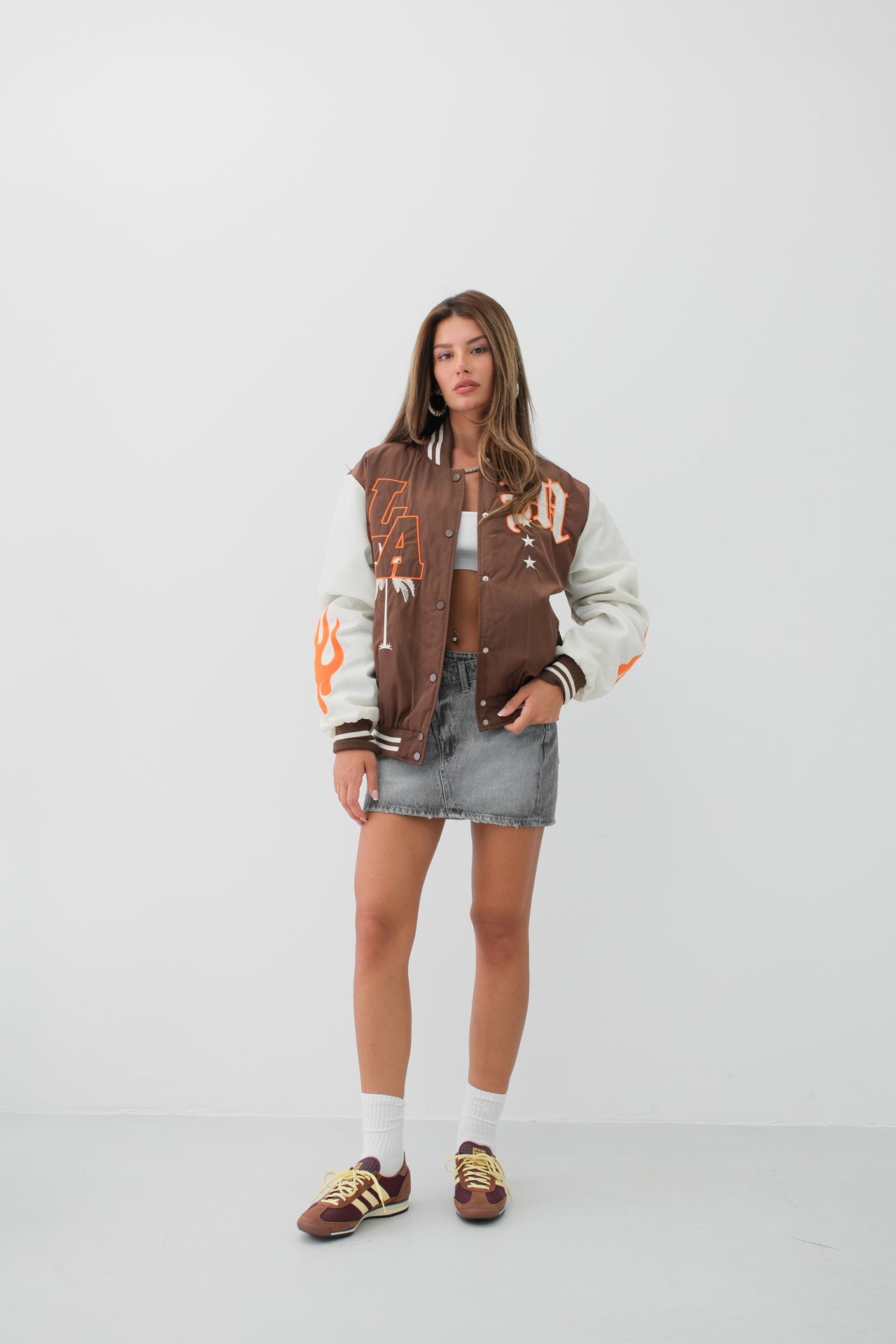 Oversize Embroidered Brown Varsity Jacket