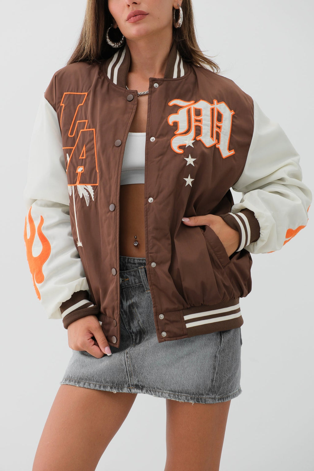 Oversize Embroidered Brown Varsity Jacket