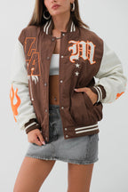 Oversize Embroidered Brown Varsity Jacket
