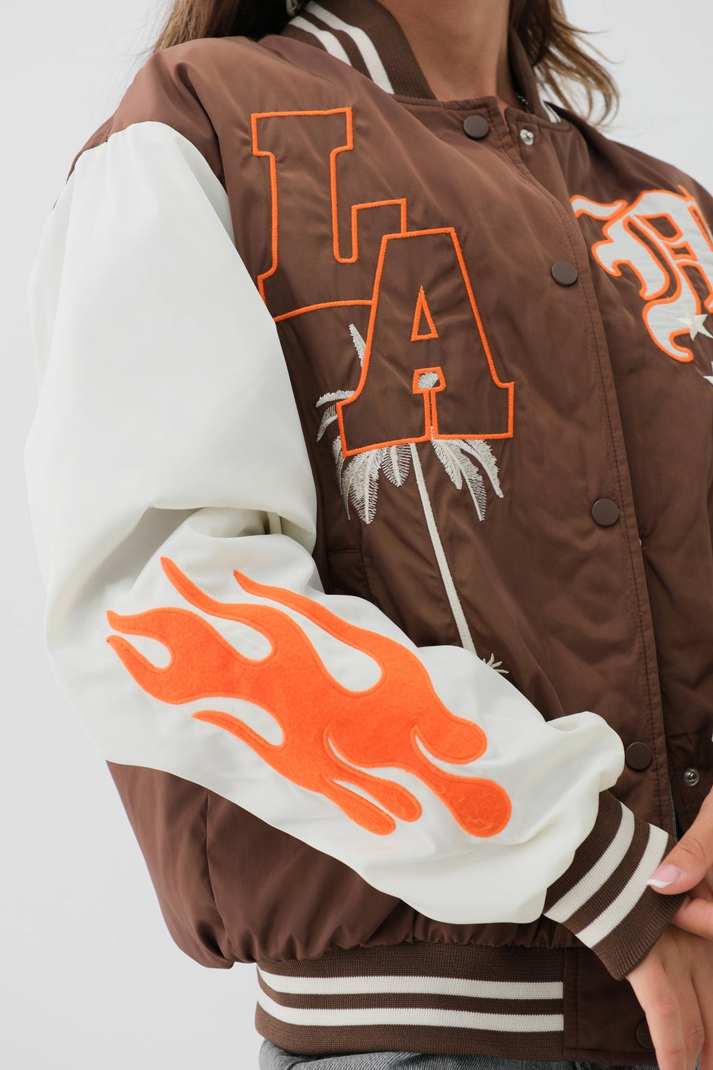Oversize Embroidered Brown Varsity Jacket
