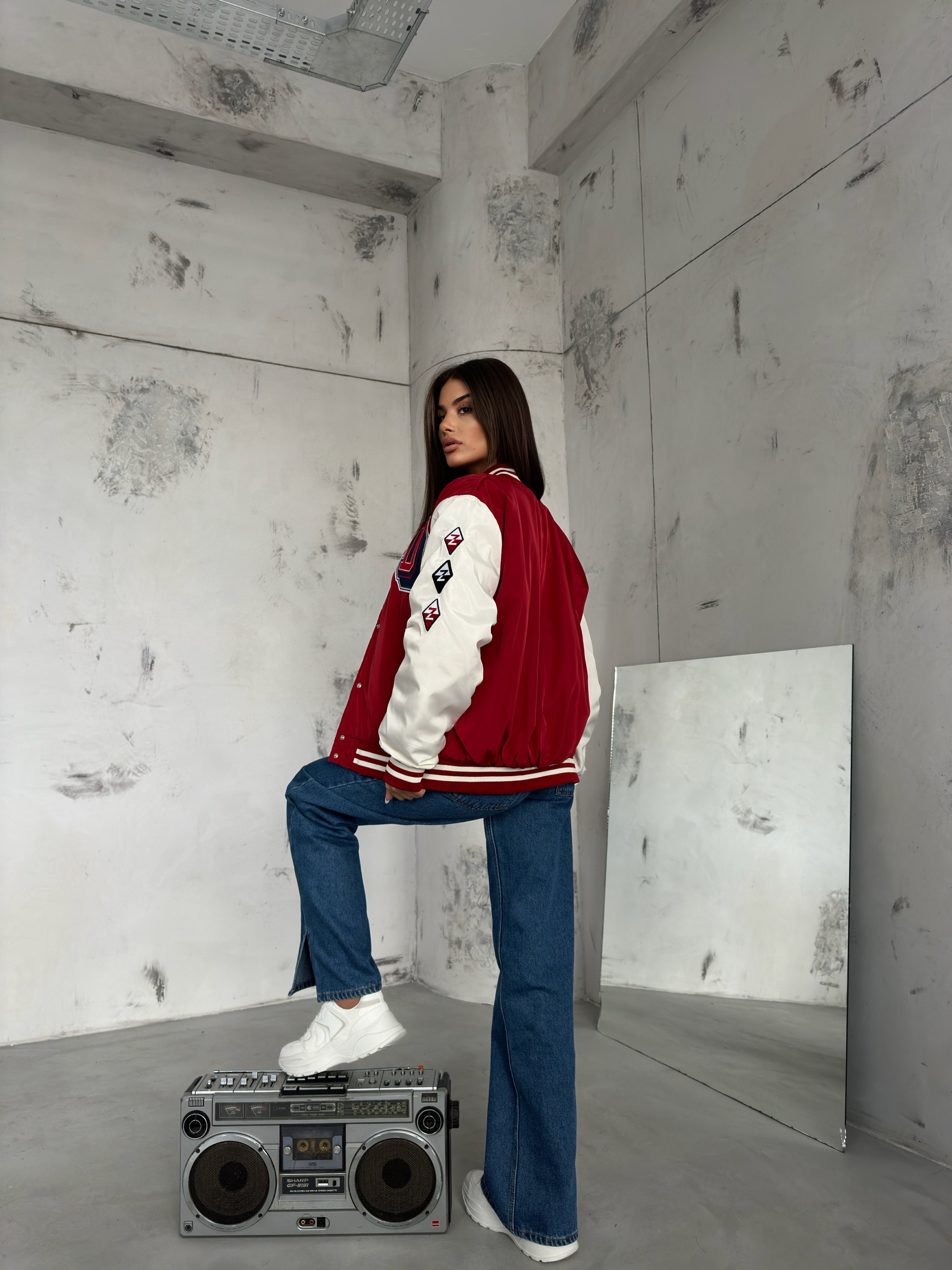 Oversize Nakisli Red Kolej Jacket