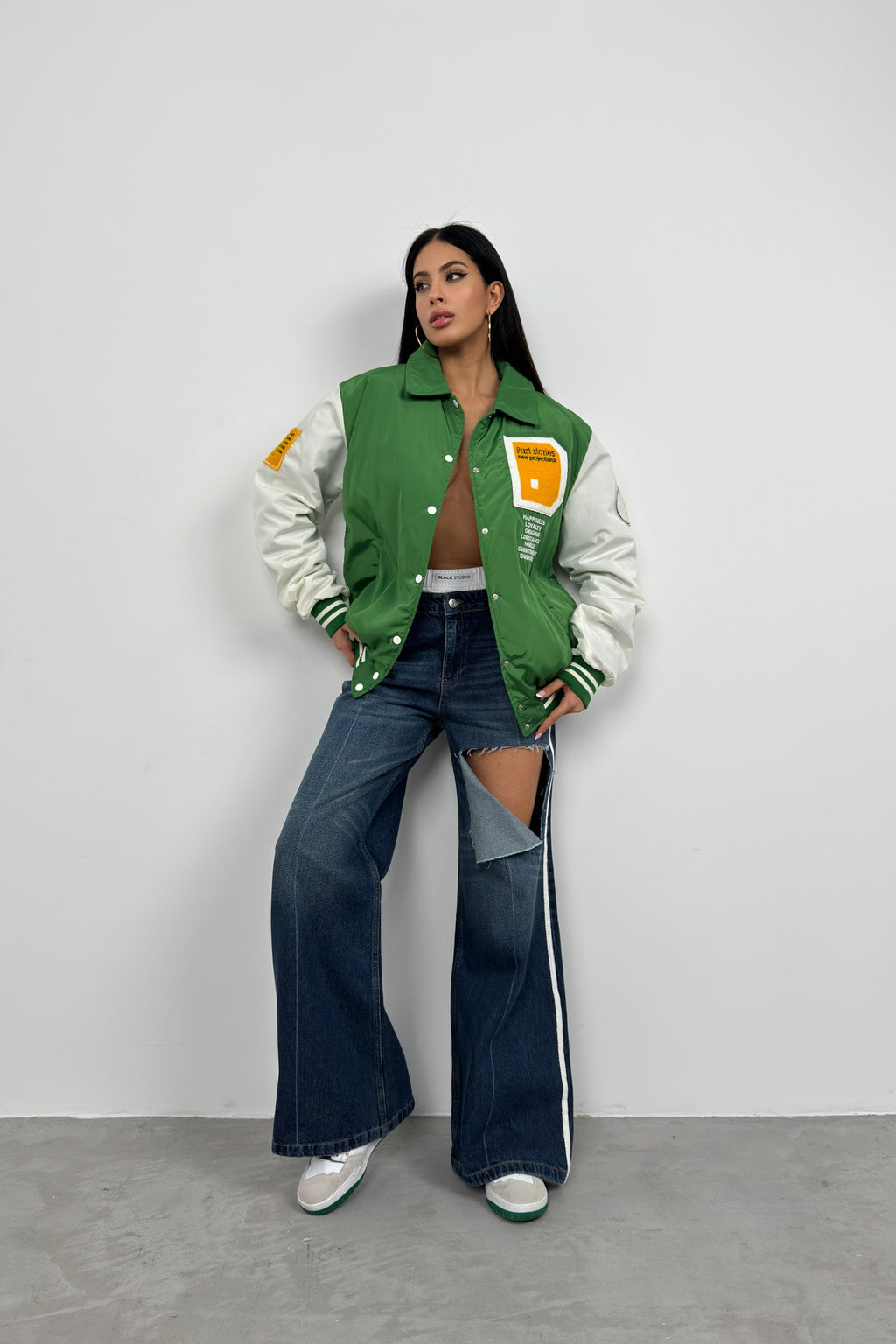 Oversize Polo Collar Green Kolej Jacket