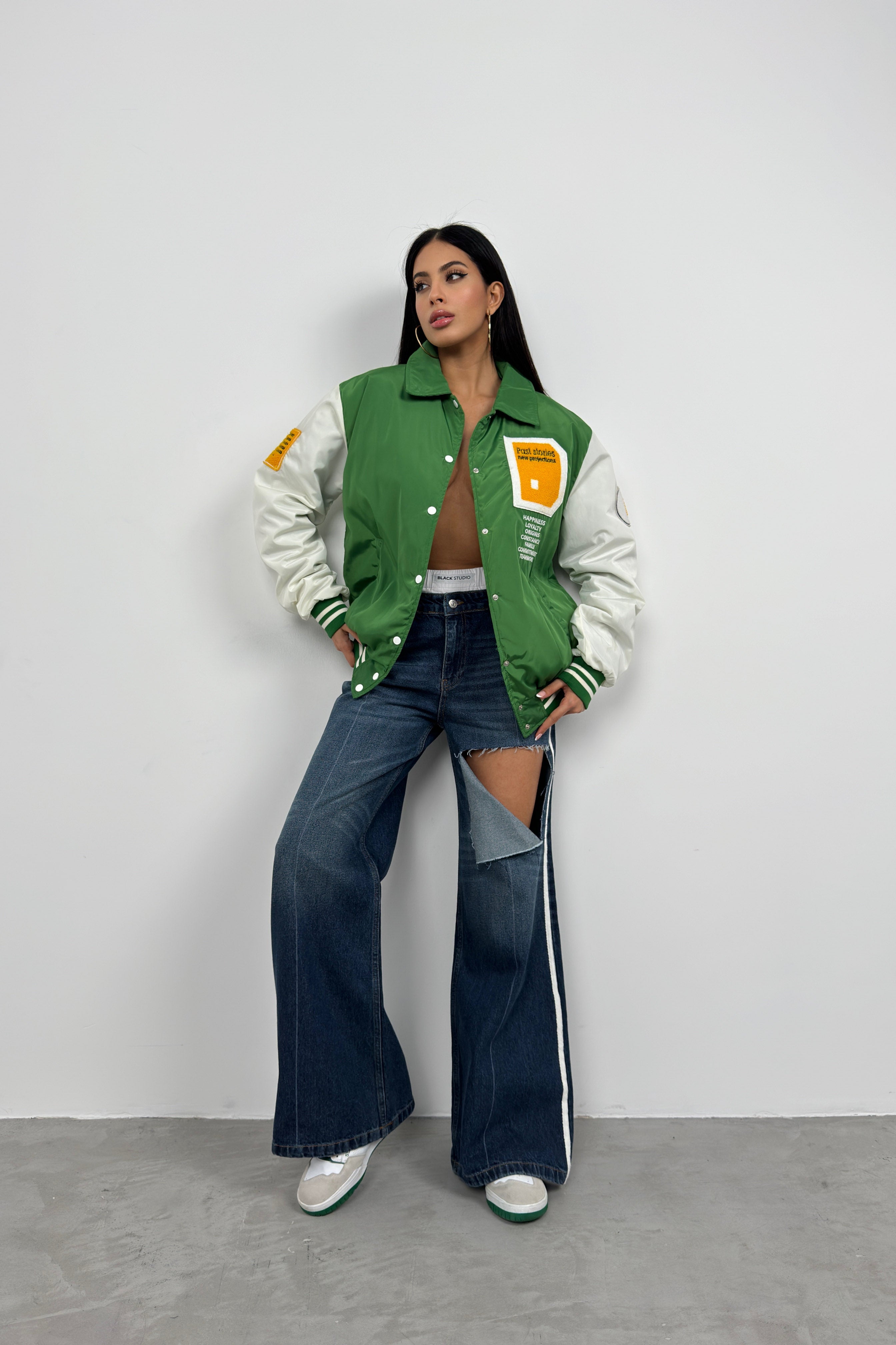 Oversize Polo Collar Green Kolej Jacket