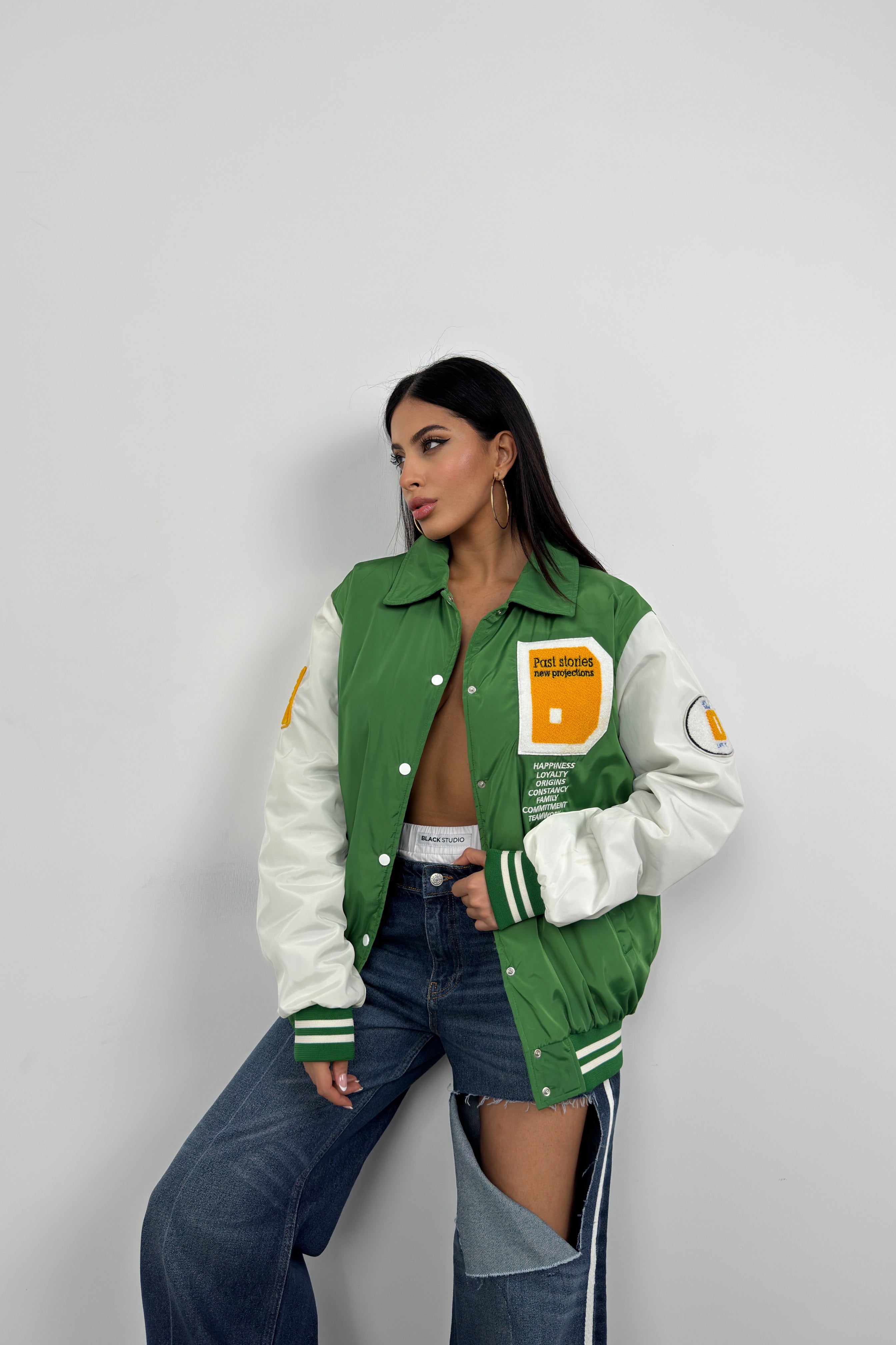 Oversize Polo Collar Green Kolej Jacket