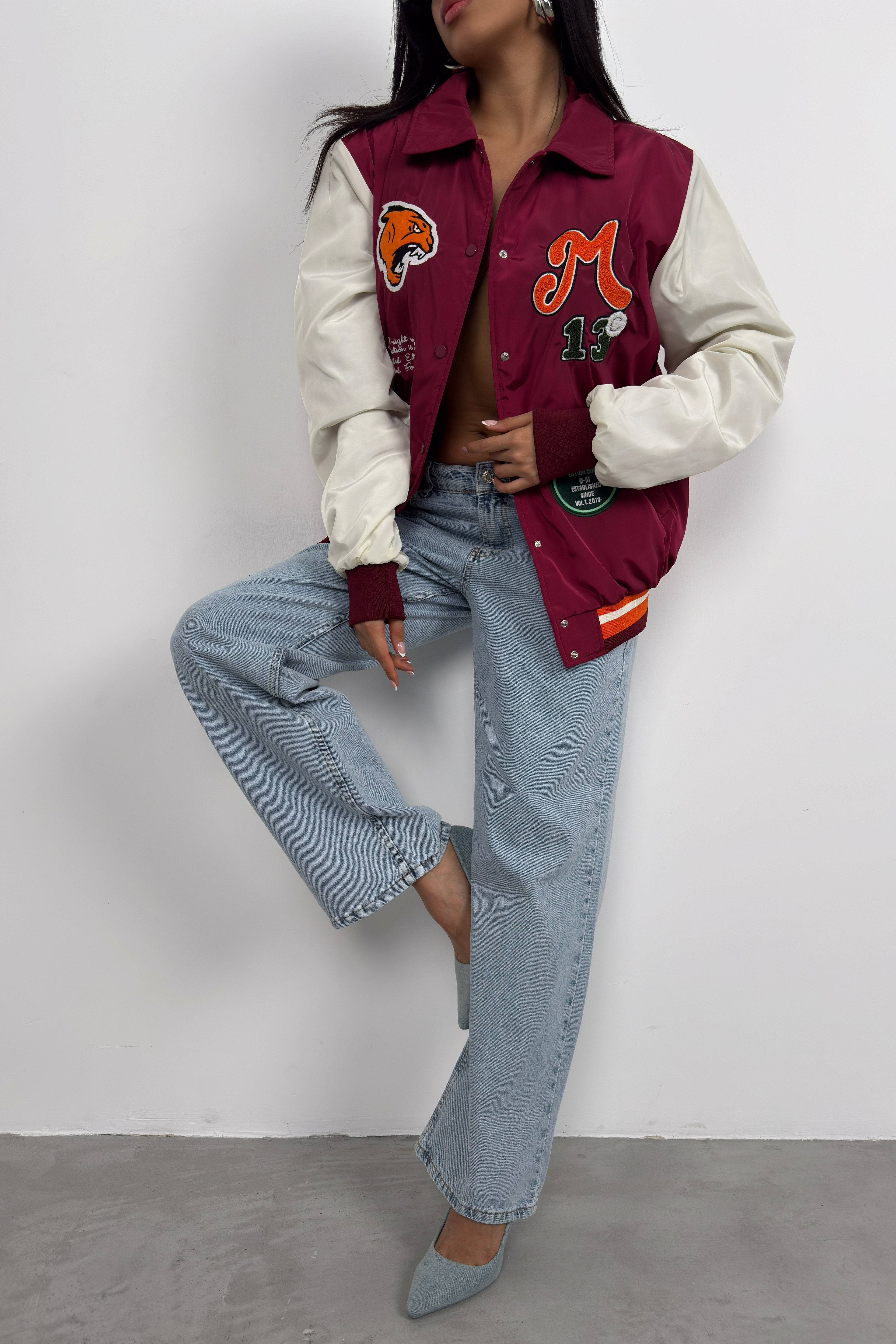 Oversize Polo Collar Plum Kolej Jacket