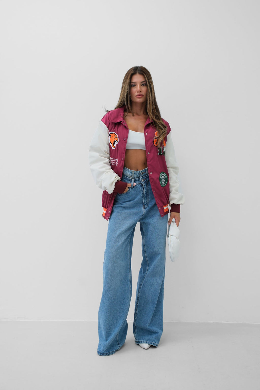 Oversize Polo Collar Plum Varsity Jacket