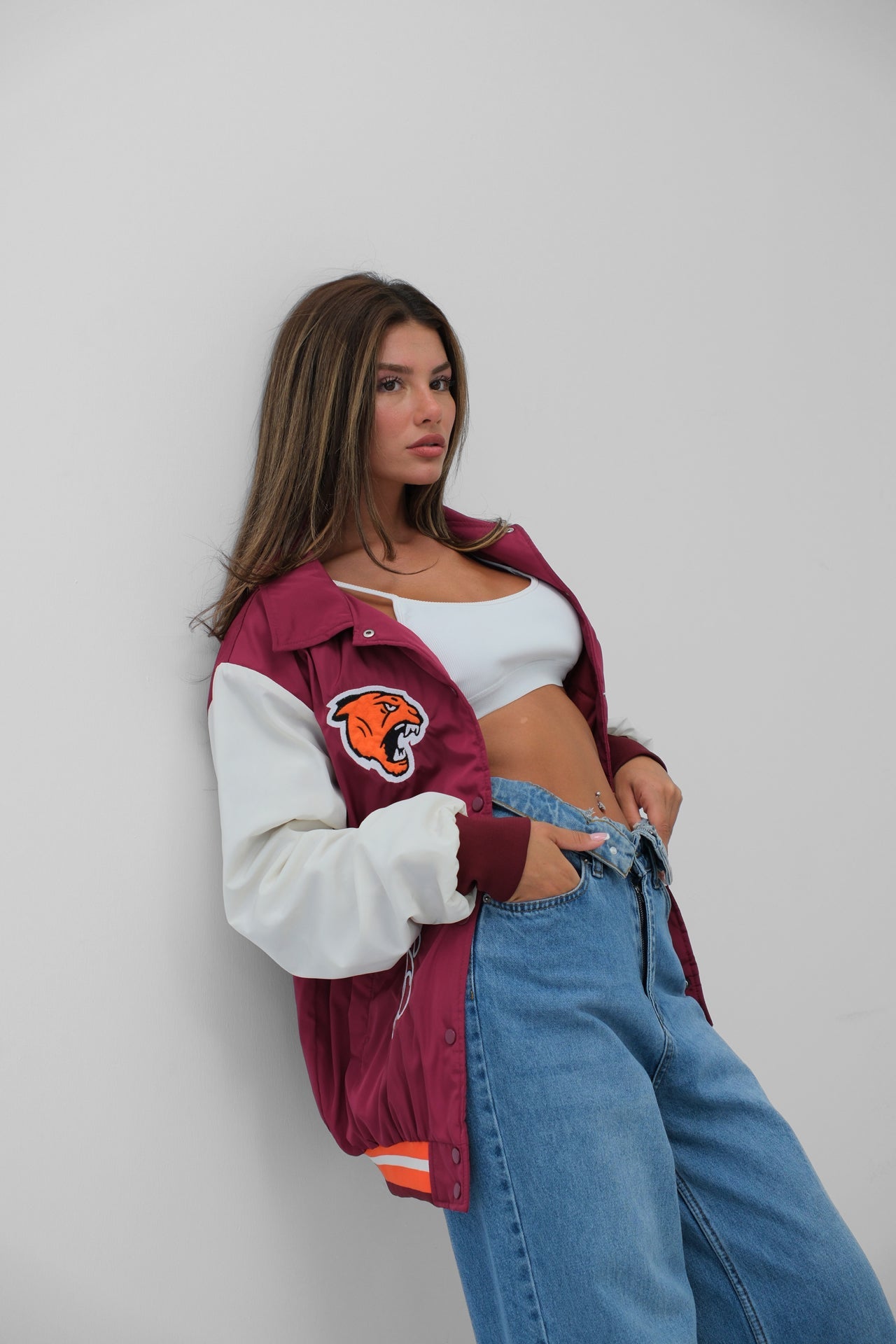 Oversize Polo Collar Plum Varsity Jacket