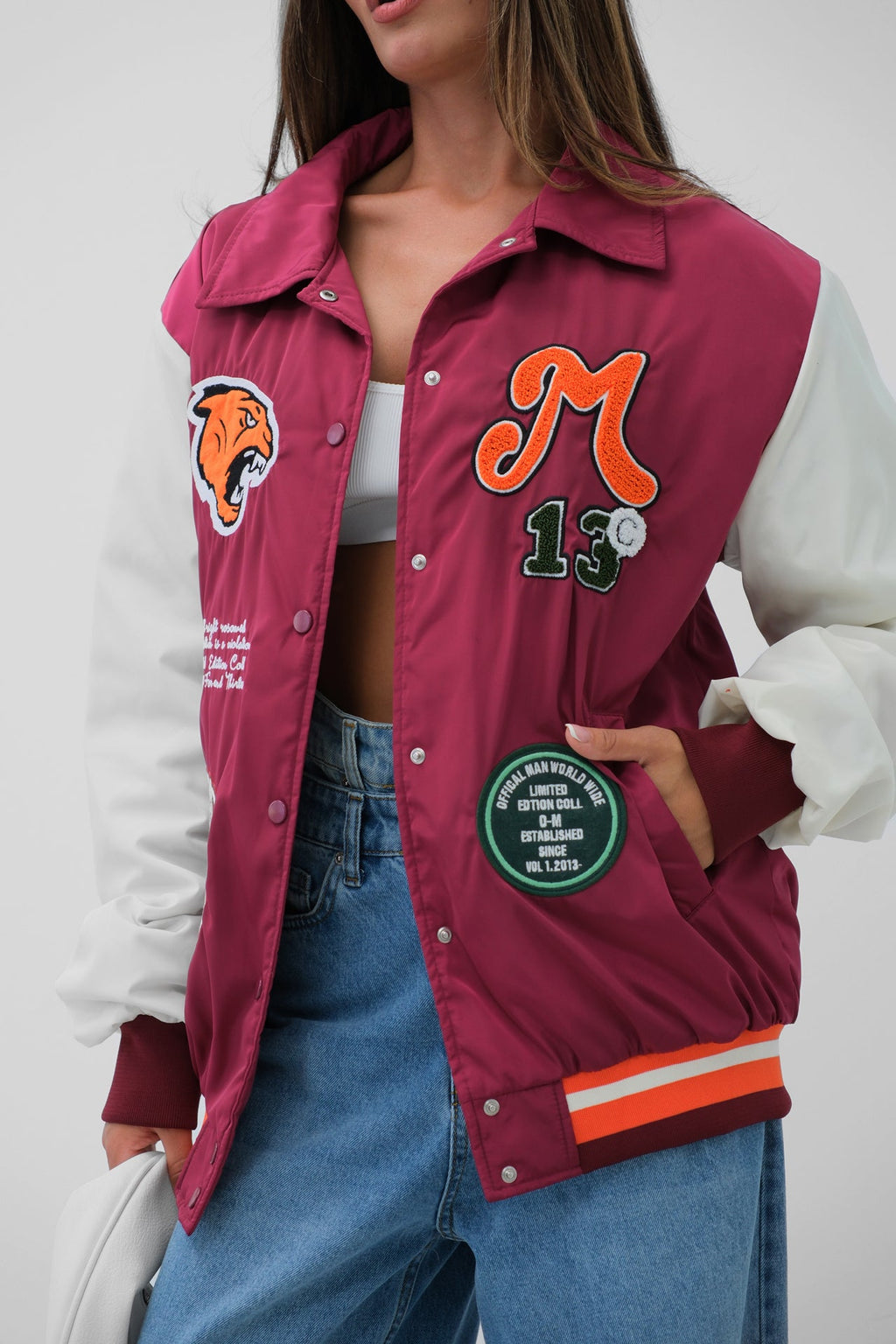 Oversize Polo Collar Plum Varsity Jacket