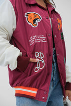 Oversize Polo Collar Plum Varsity Jacket