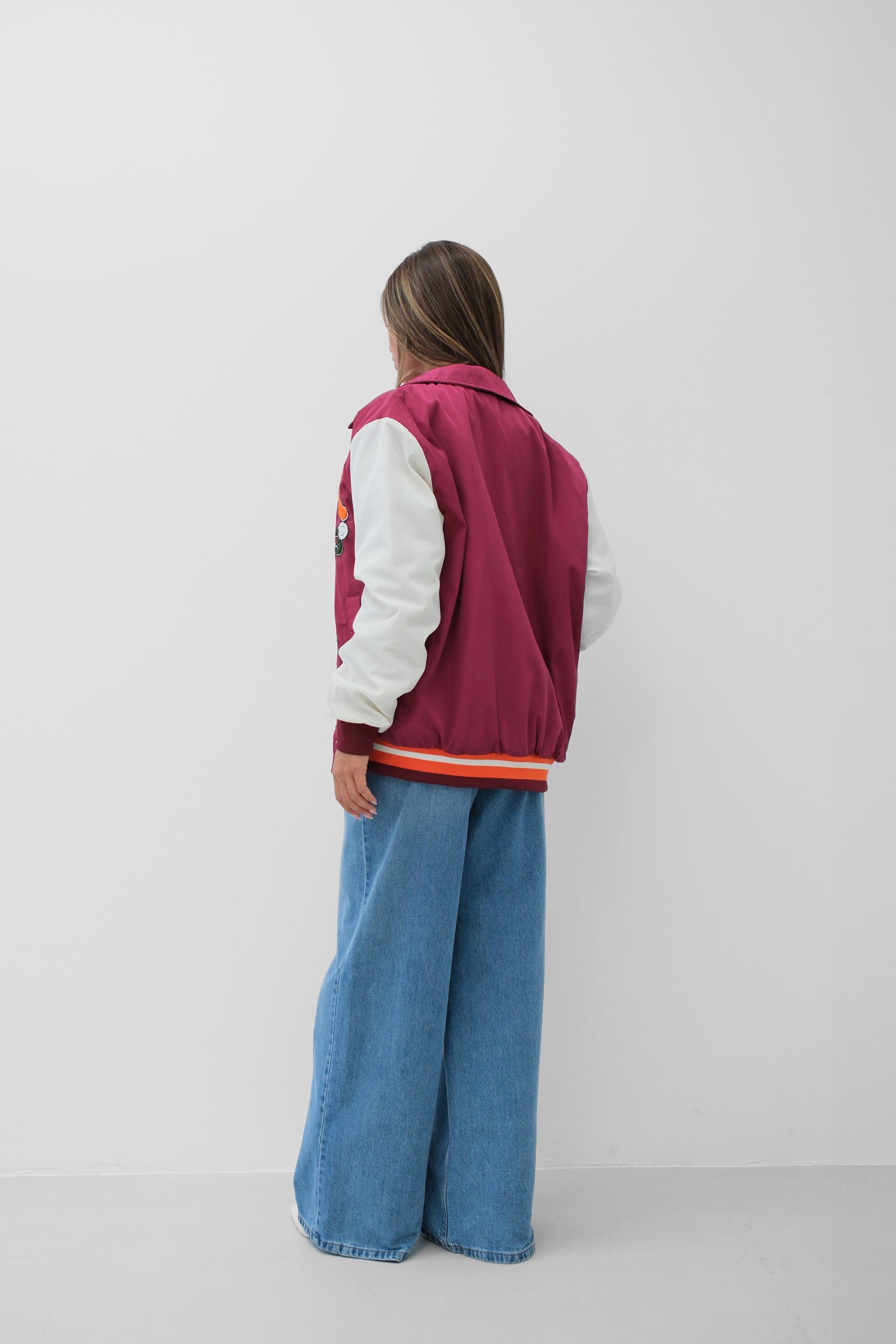 Oversize Polo Collar Plum Varsity Jacket