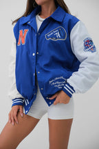 Oversize Polo Collar Sax Blue College Jacket