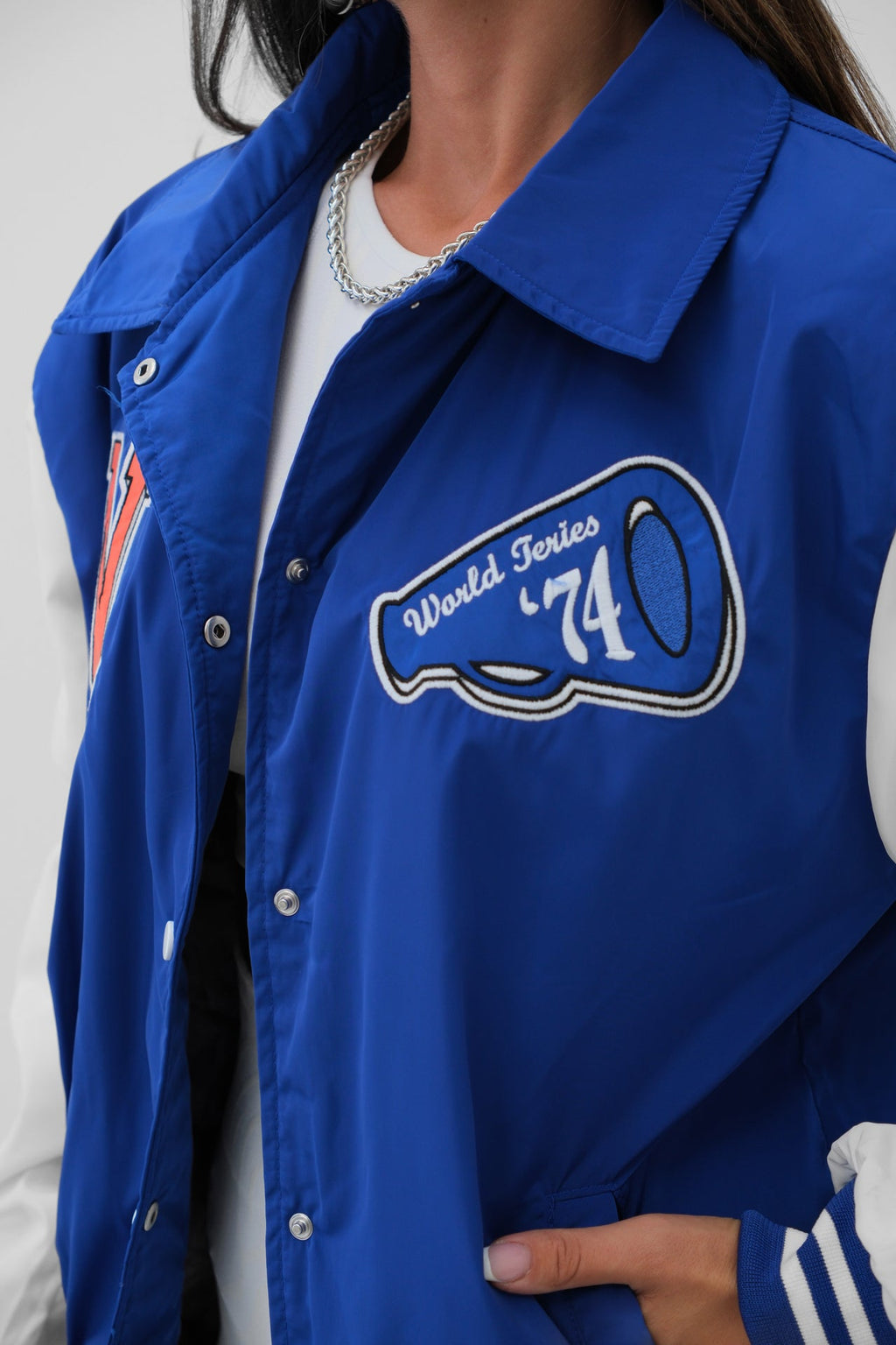 Oversize Polo Collar Sax Blue College Jacket