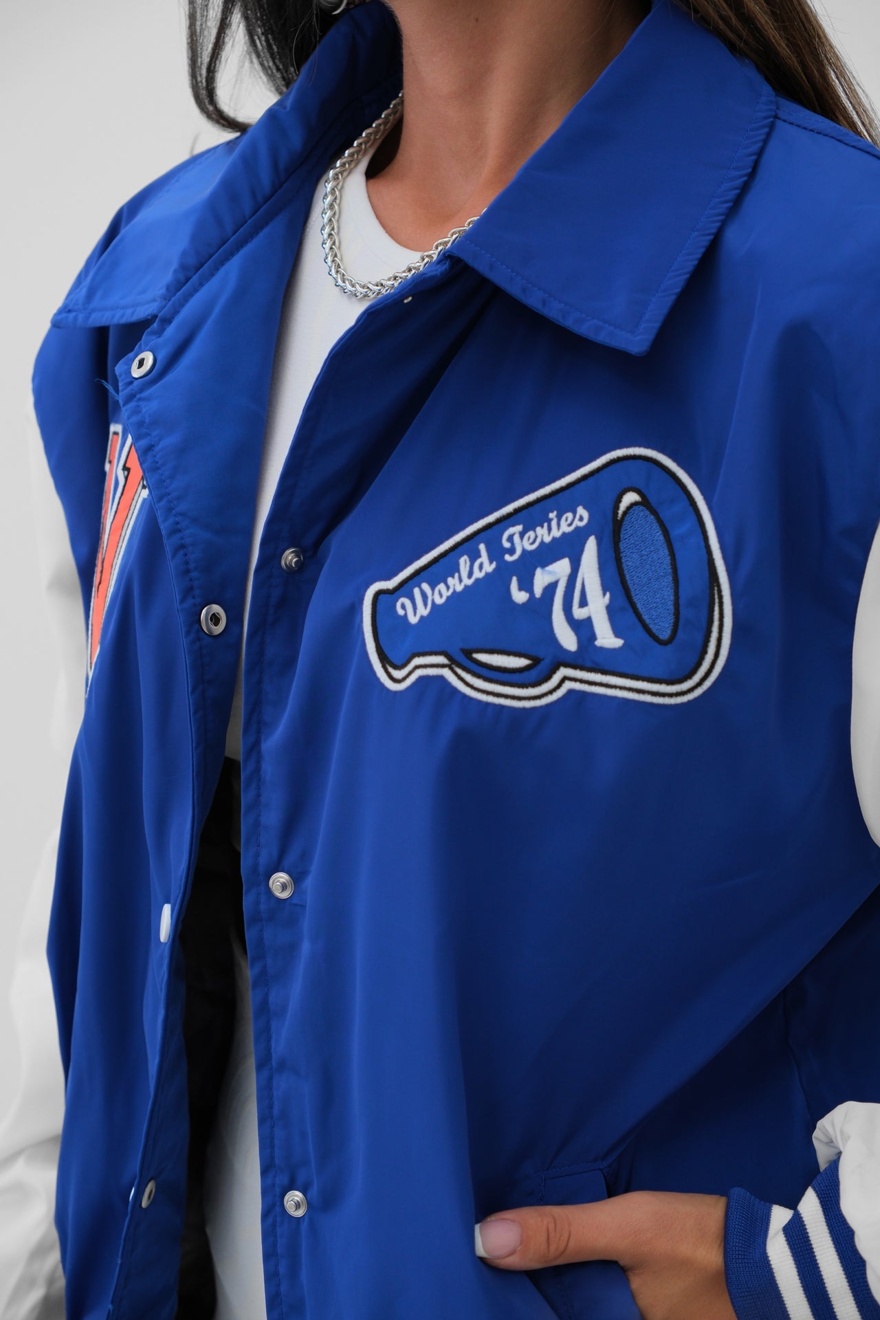 Oversize Polo Collar Sax Blue College Jacket