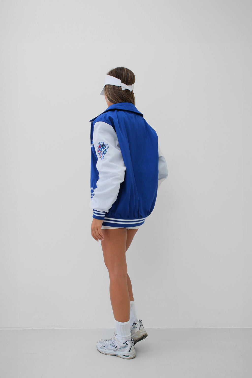 Oversize Polo Collar Sax Blue College Jacket