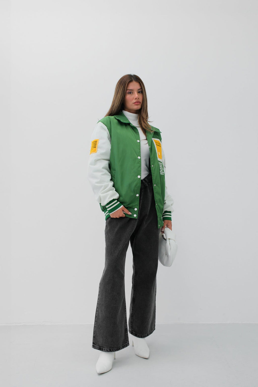 Oversize Polo Collar Green Varsity Jacket