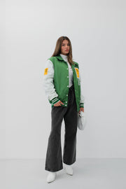 Oversized Polo Collar Green College Jacket