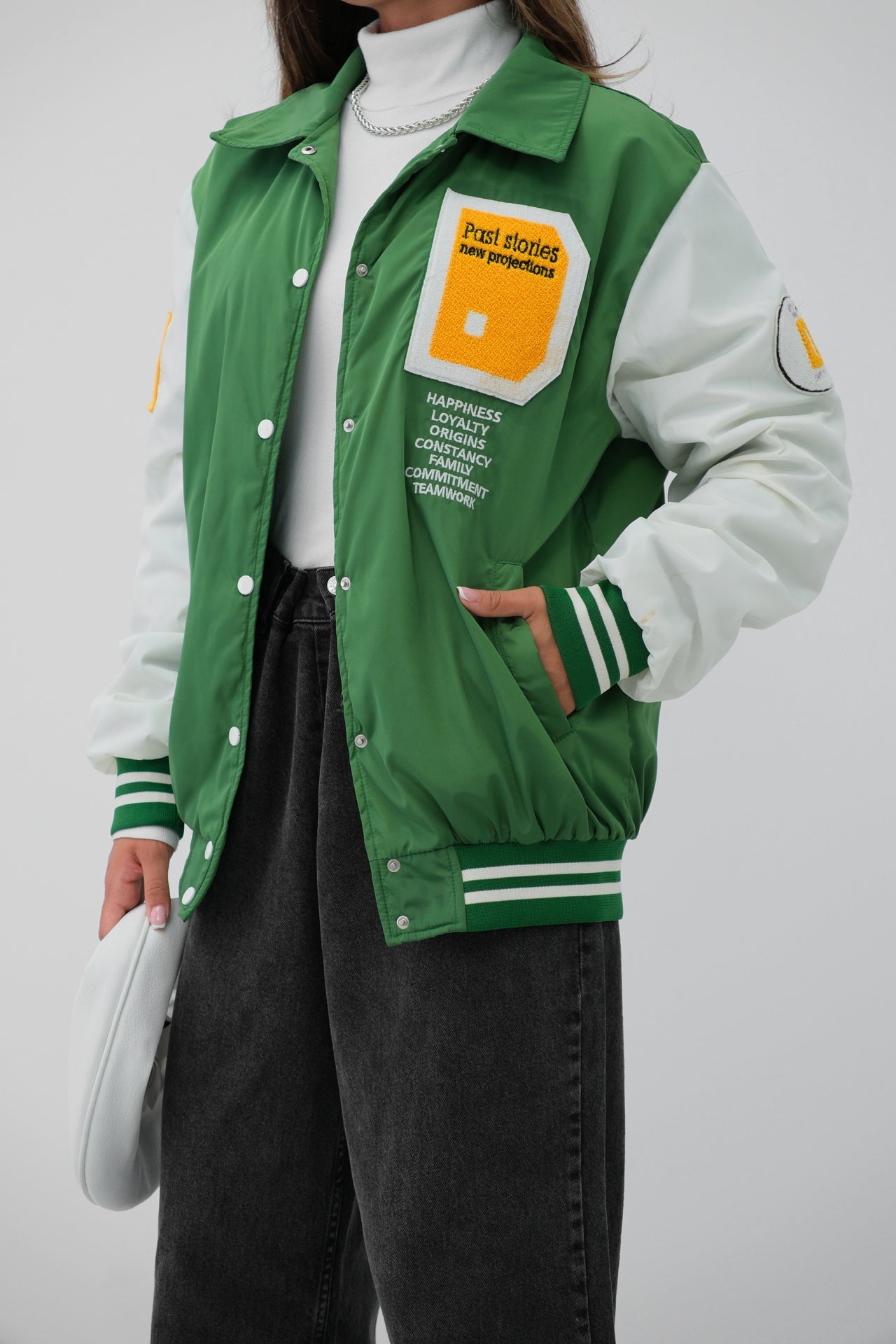 Oversize Polo Collar Green Varsity Jacket