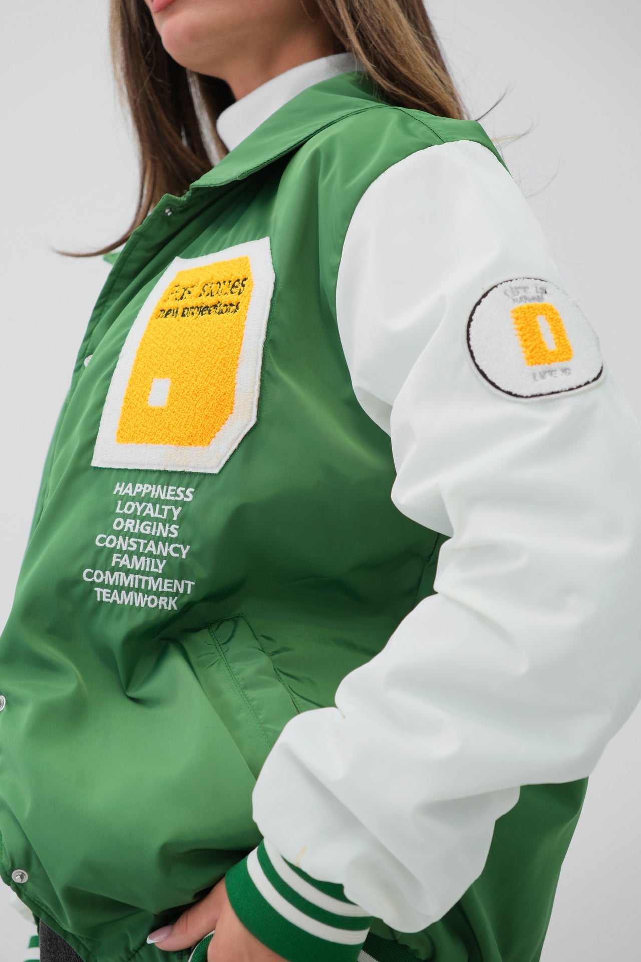 Oversize Polo Collar Green Varsity Jacket