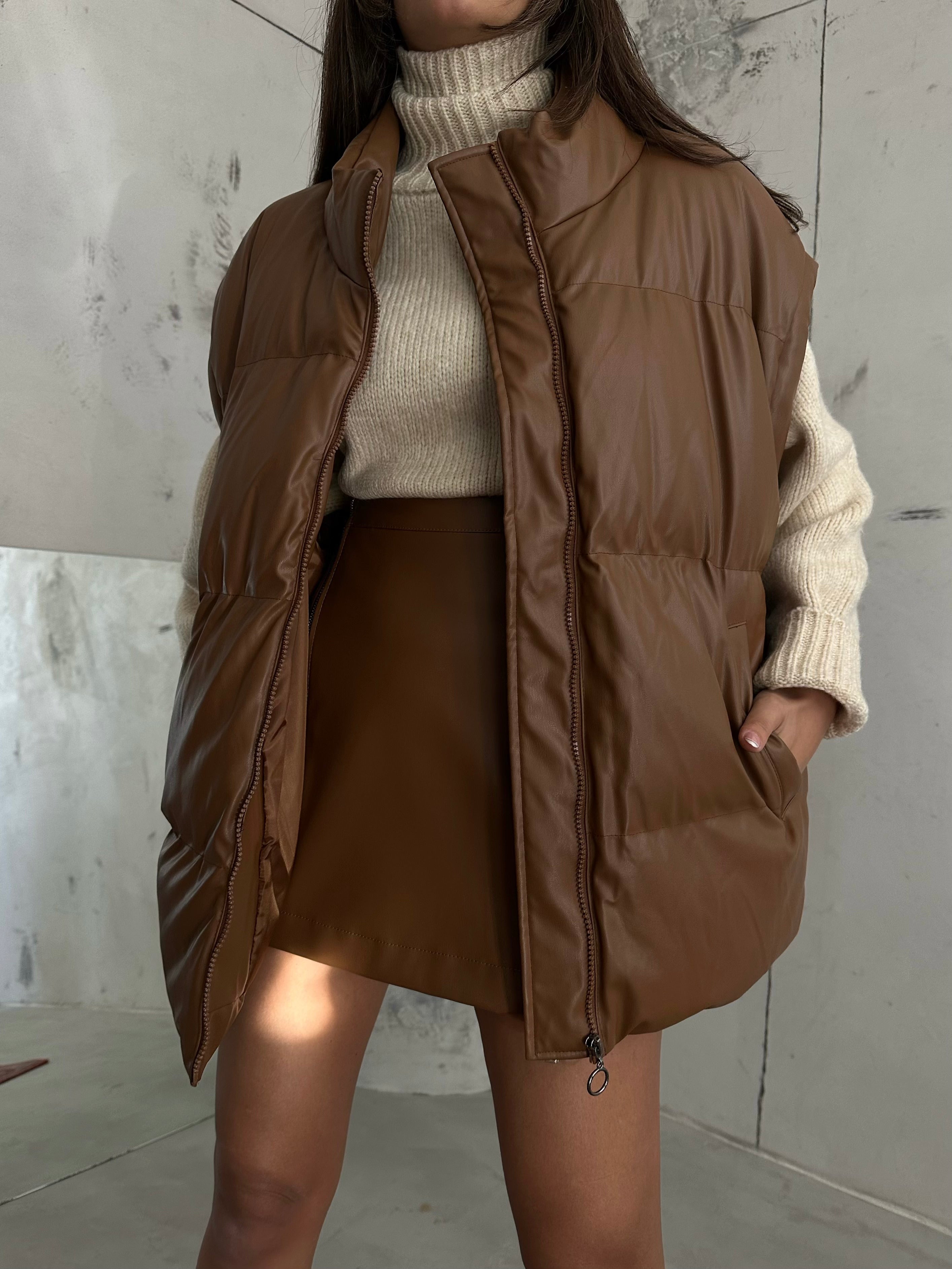 Oversize Sisme Taba Deri Vest