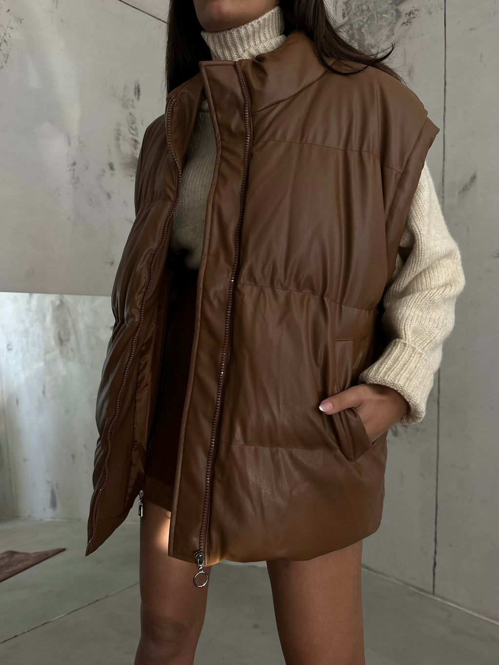 Oversize Sisme Taba Deri Vest