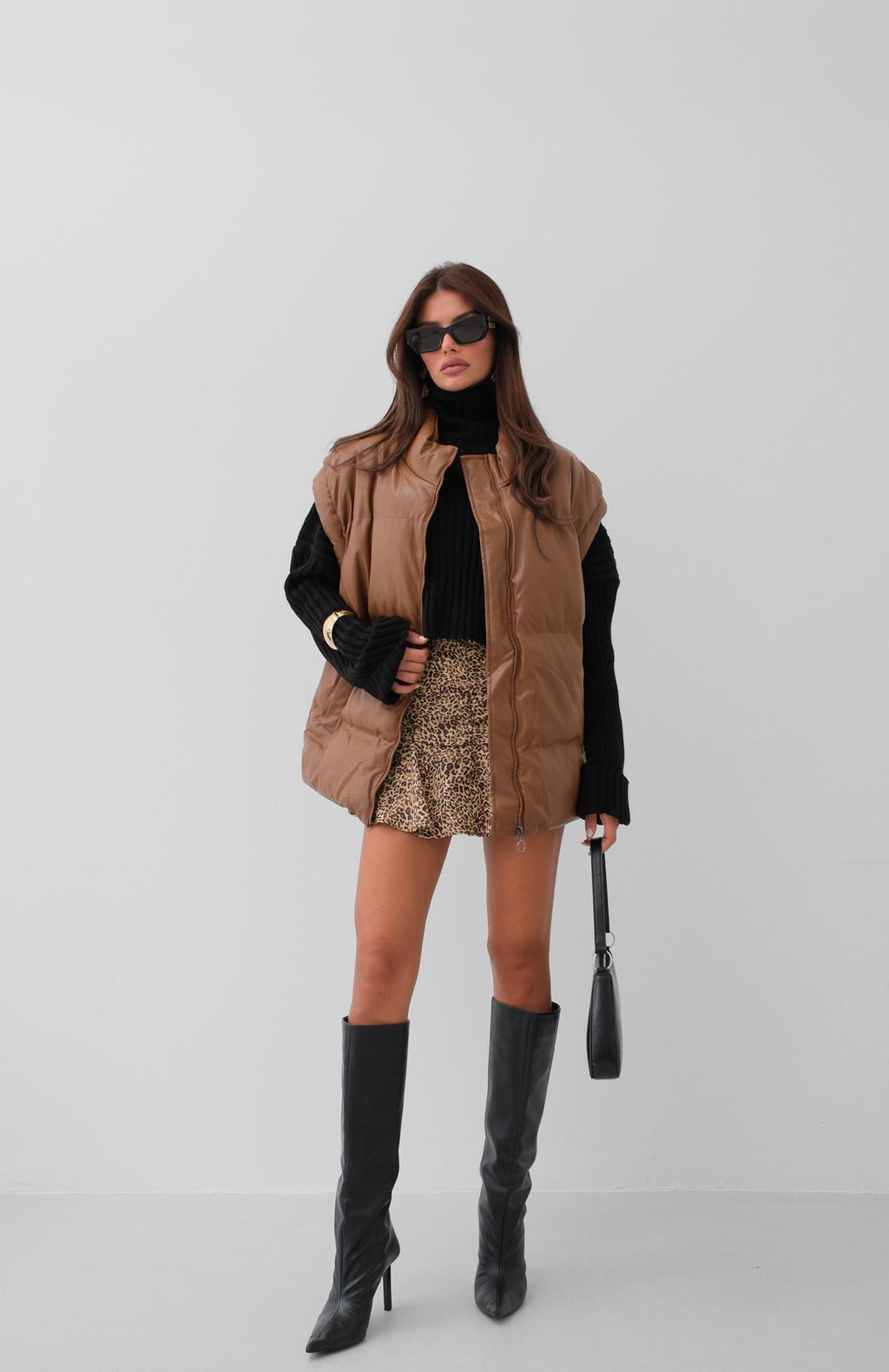 Oversize Puffer Tan Leather Vest