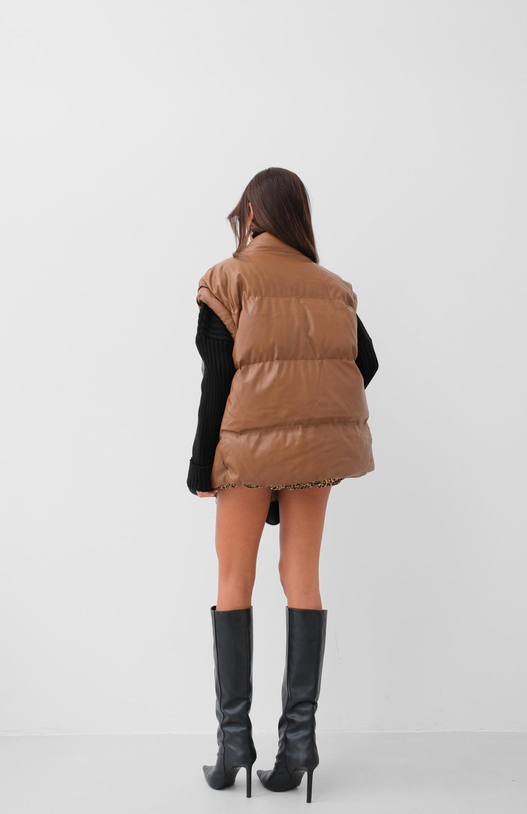 Oversize Puffer Tan Leather Vest