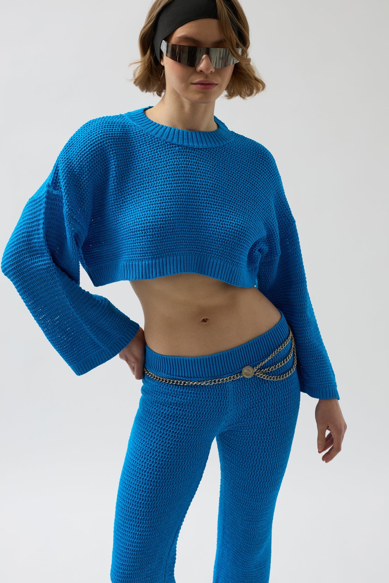 Oversize Knit Blouse Blue Pants Set