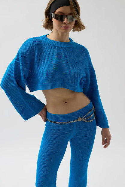 Oversize Knitted Blouse Blue Trousers Set