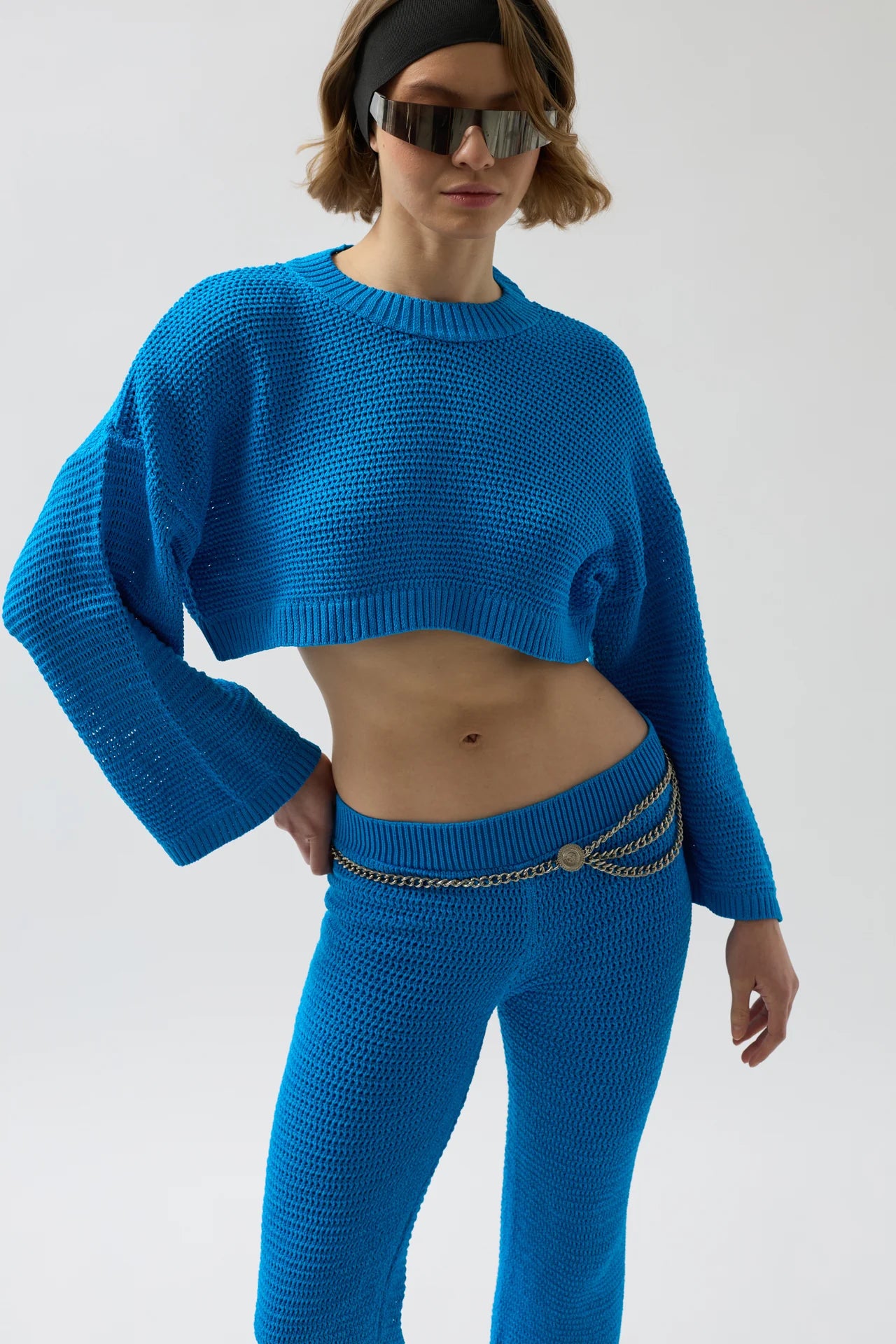 Oversize Knitted Blouse Blue Trousers Set