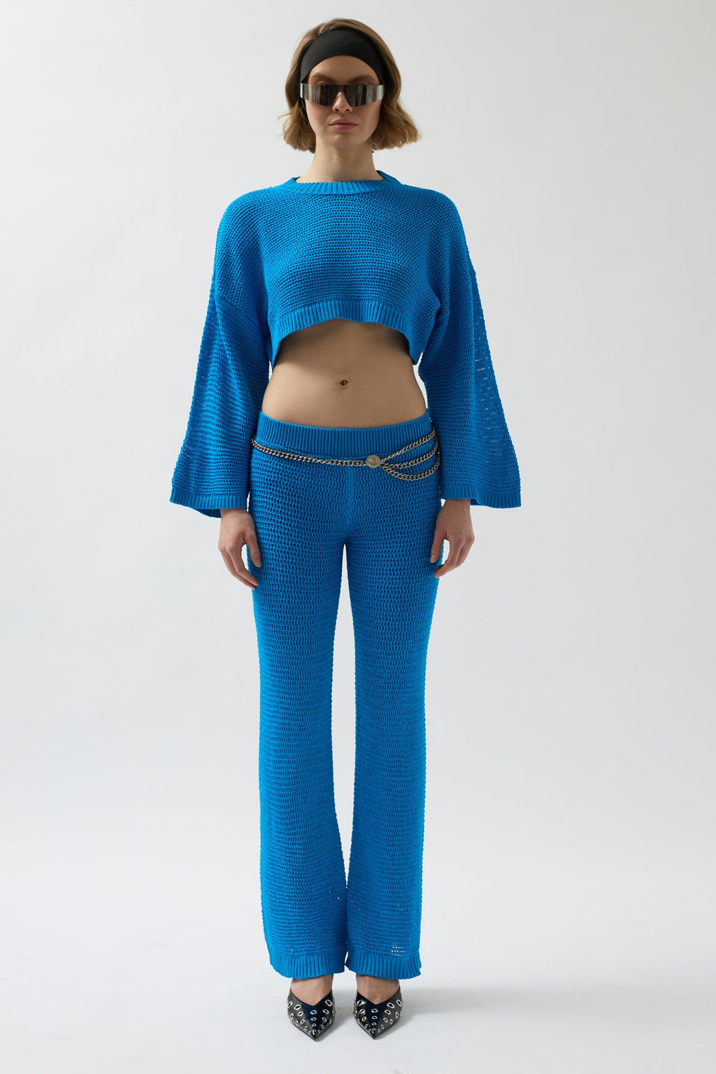 Oversize Knit Blouse Blue Pants Set