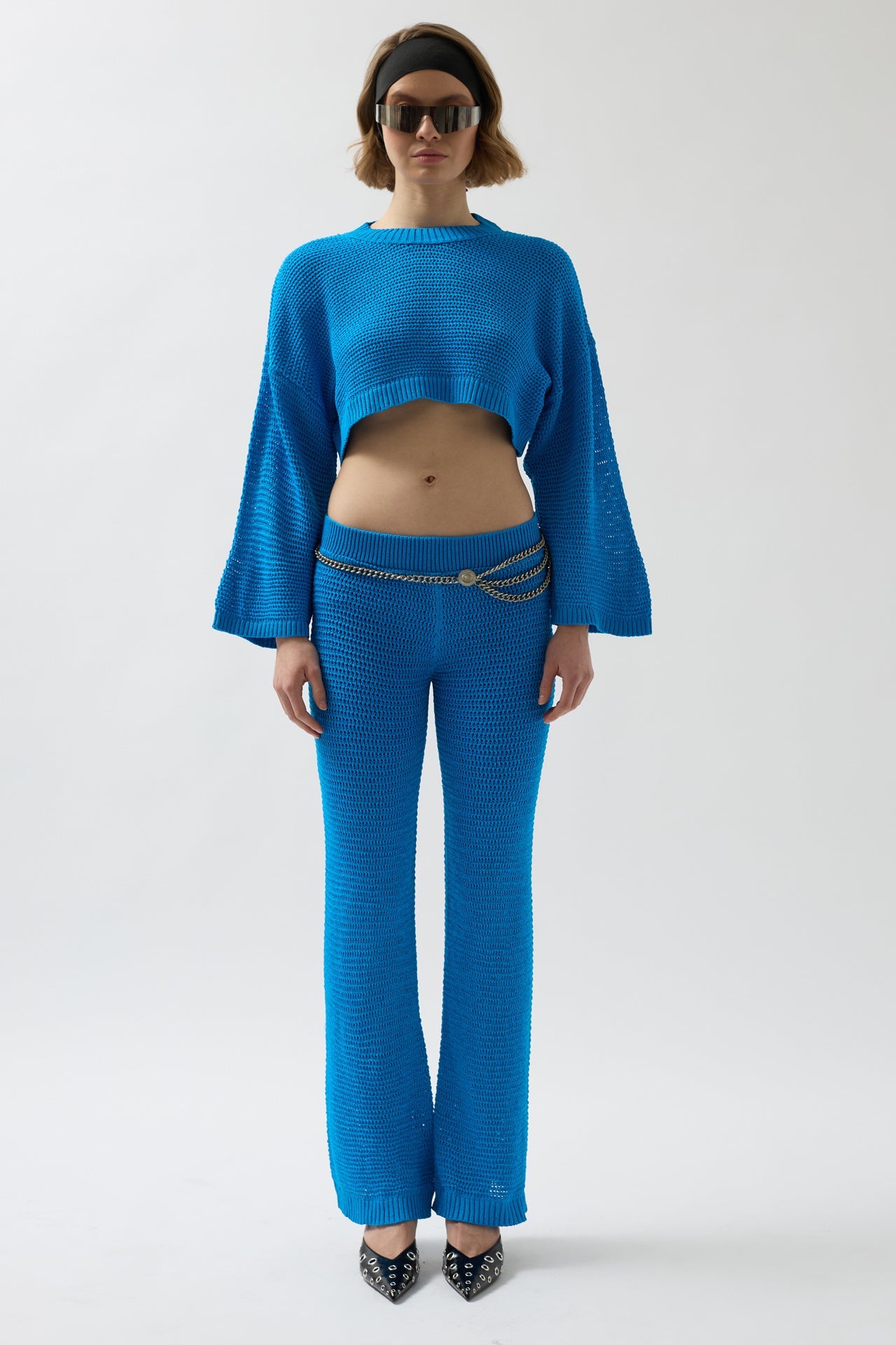 Oversize Knit Blouse Blue Pants Set