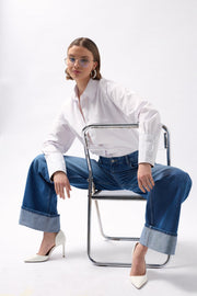 High Waist Blue Jeans with Folded Legs